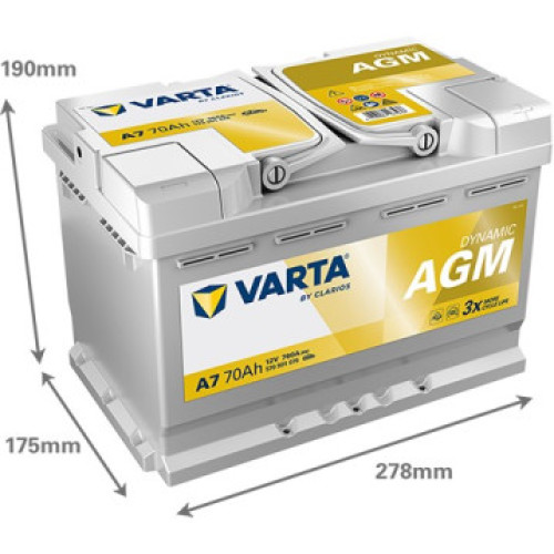 ACUMULATOR VARTA DYNAMIC AGM 12V 70AH 760A 570901076K262 A7 278X175X190
